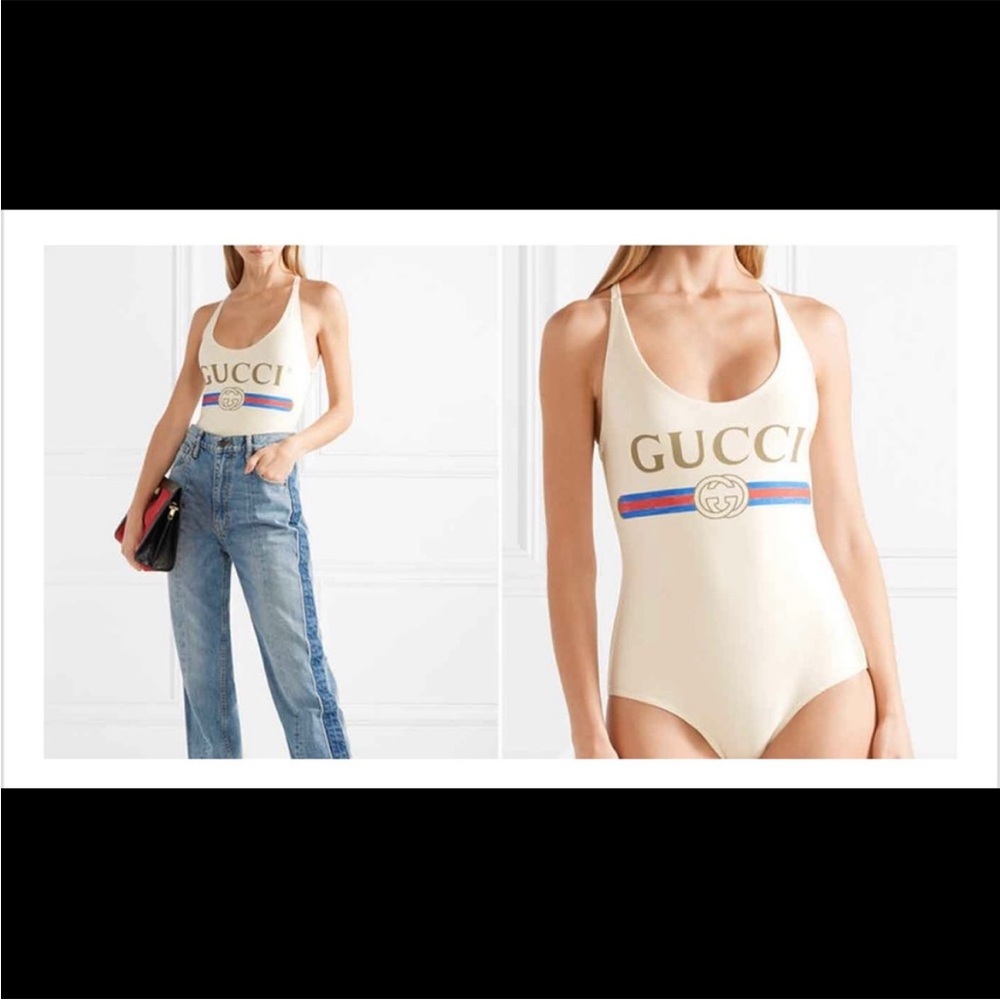 Gucci Cream Swimsuit with Blue and Red Accents